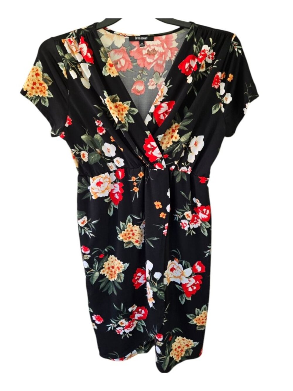 Ups & Downs Surplice V-Neck Midi Dress Women's 2X Black Floral Knit Wrap Skirt